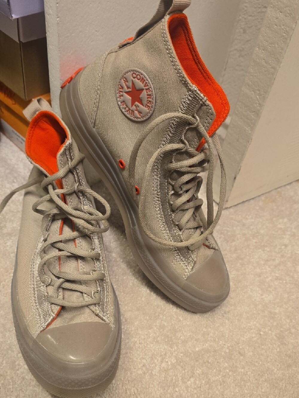Unisex Neutral Tan/Taupe High-Top Converse Sneakers with Orange Lining - Picture 11 of 12